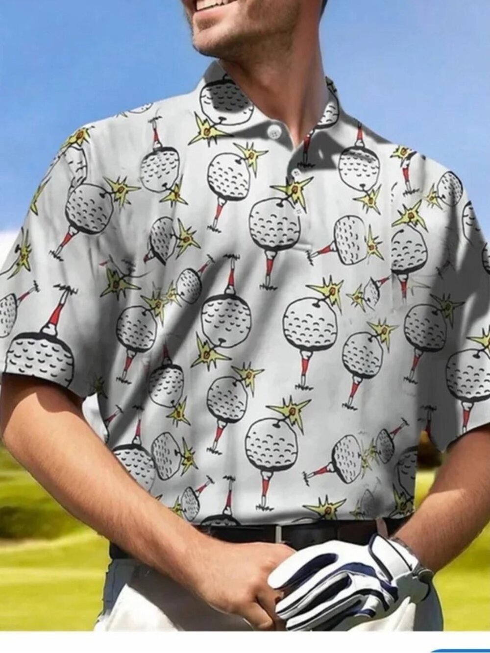 Sosik Men's SS Performance Golf Polo with Fun Exploding Golf Ball Novelty Print
